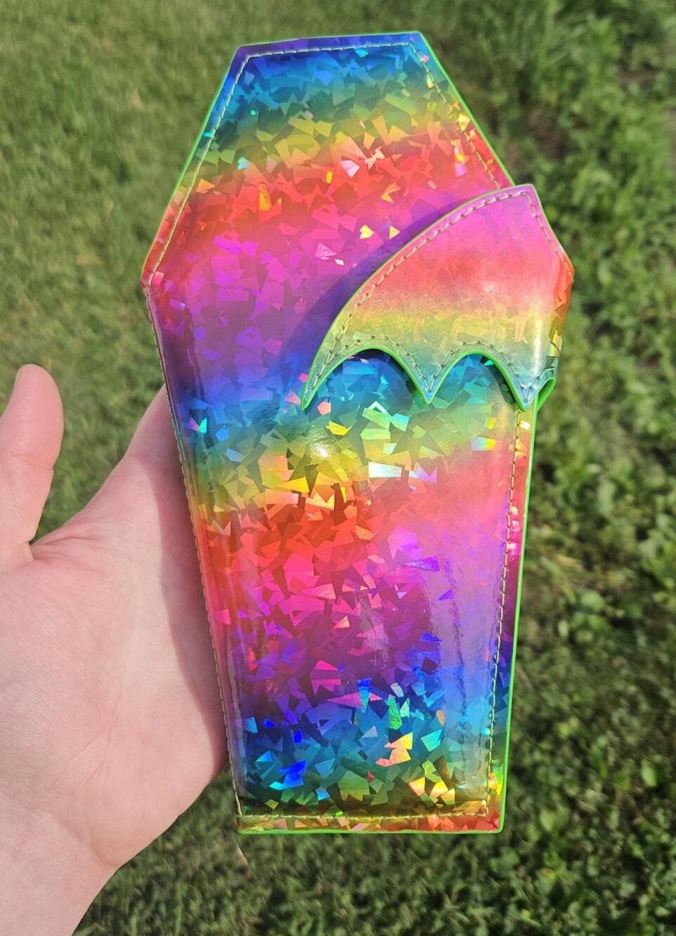 Holographic Rainbow Coffin Wallet | Faux Leather Bat Strap Pride Goth Alt Flawed